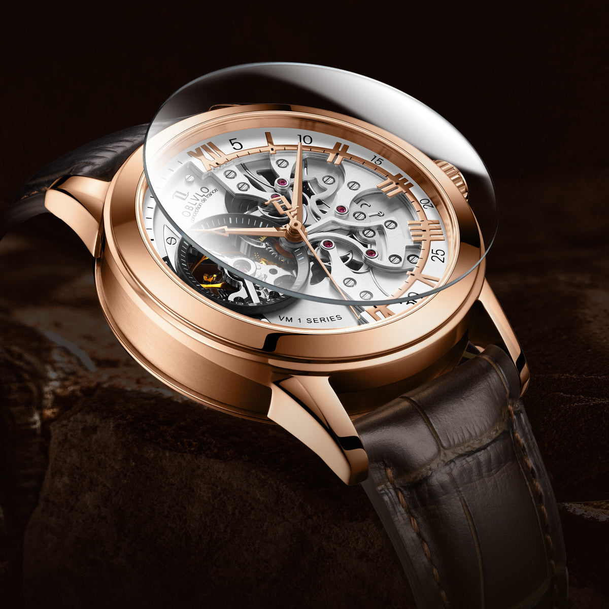 OBLVLO Retro Men Skeleton Automatic Watch Mechanical Casual Calfskin Strap Sapphire Waterproof 42mm VM-S