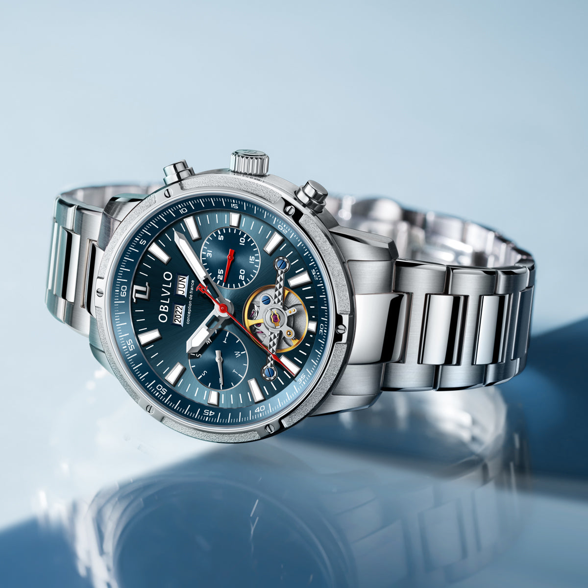 OBLVLO Men Business Automatic Watch Mechanical Tourbillon Luminous Leather Strap Sapphire Waterproof Calendar Week Year CM-T