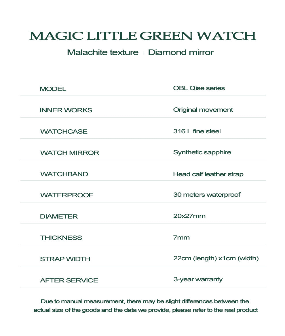 OBLVLO Luxury Green Quartz Watch for Women Malachite Leather Strap Sapphire Waterproof Exquisite Romantic Rectangle Clock LW