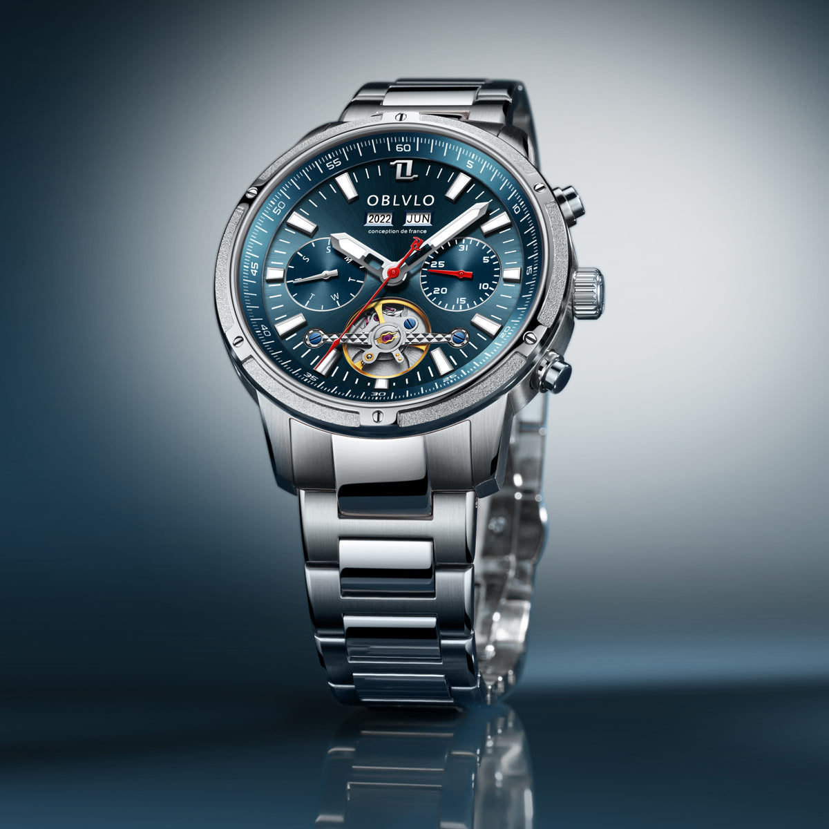 OBLVLO Men Business Automatic Watch Mechanical Tourbillon Luminous Leather Strap Sapphire Waterproof Calendar Week Year CM-T