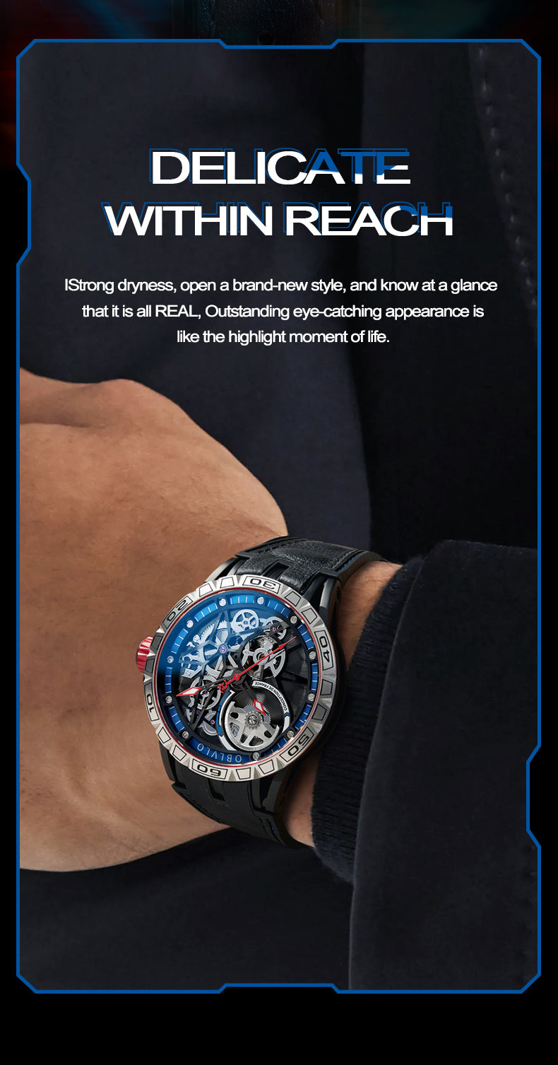 OBLVLO Designer Skeleton Sport Automatic Mechanical Watch For Men Rubber Strap Sapphire Shockproof Waterproof Diameter 47mm LM