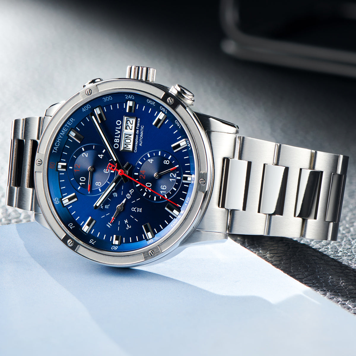 OBLVLO Brand Men Dress Automatic Watch Mechanical Stainless Steel Strap Sapphire Year Month Week Calendar 24-Hour Display CM2