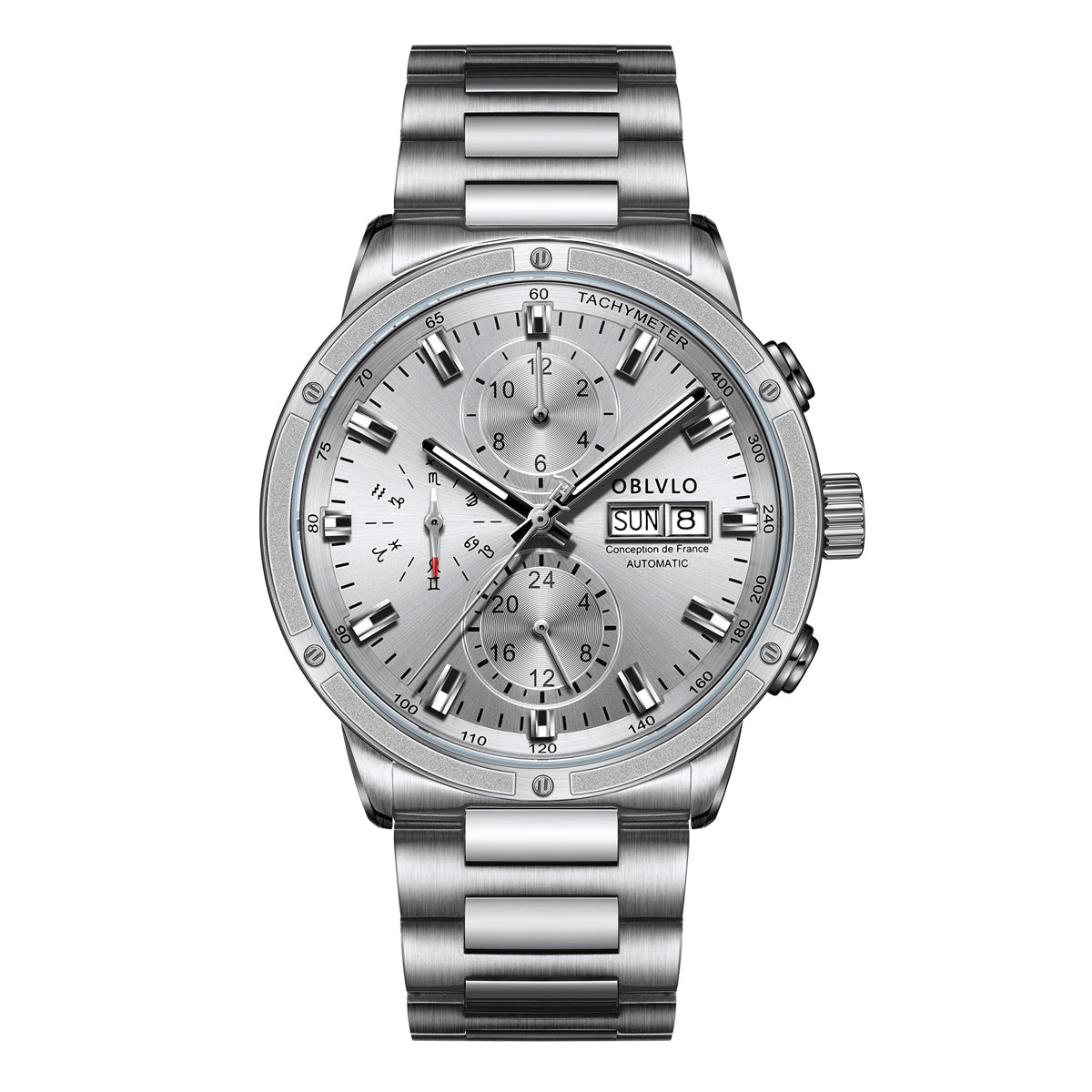 OBLVLO Brand Men Dress Automatic Watch Mechanical Stainless Steel Strap Sapphire Year Month Week Calendar 24-Hour Display CM2