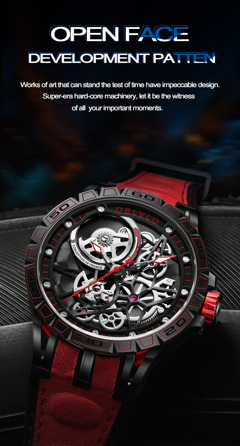 OBLVLO Designer Skeleton Sport Automatic Mechanical Watch For Men Rubber Strap Sapphire Shockproof Waterproof Diameter 47mm LM