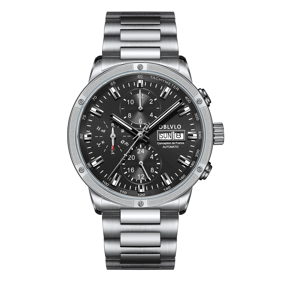 OBLVLO Brand Men Dress Automatic Watch Mechanical Stainless Steel Strap Sapphire Year Month Week Calendar 24-Hour Display CM2