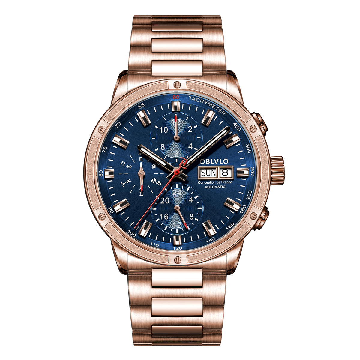 OBLVLO Brand Men Dress Automatic Watch Mechanical Stainless Steel Strap Sapphire Year Month Week Calendar 24-Hour Display CM2