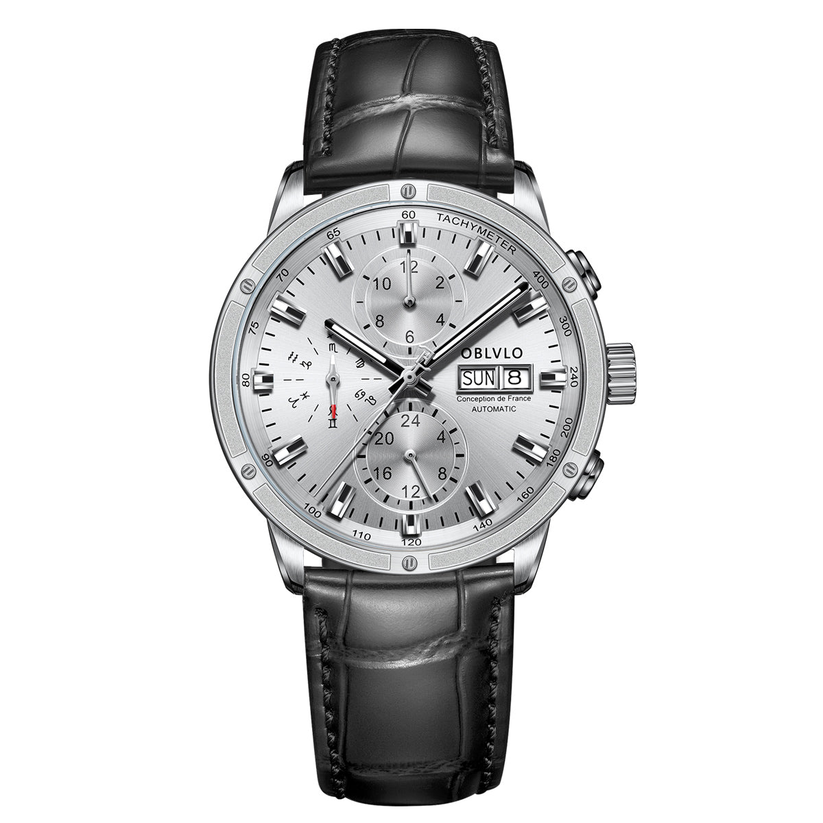 OBLVLO Men Dress Automatic Watch Mechanical Sapphire Year Month Week Calendar 24-Hour Display 40mm Clock CM2