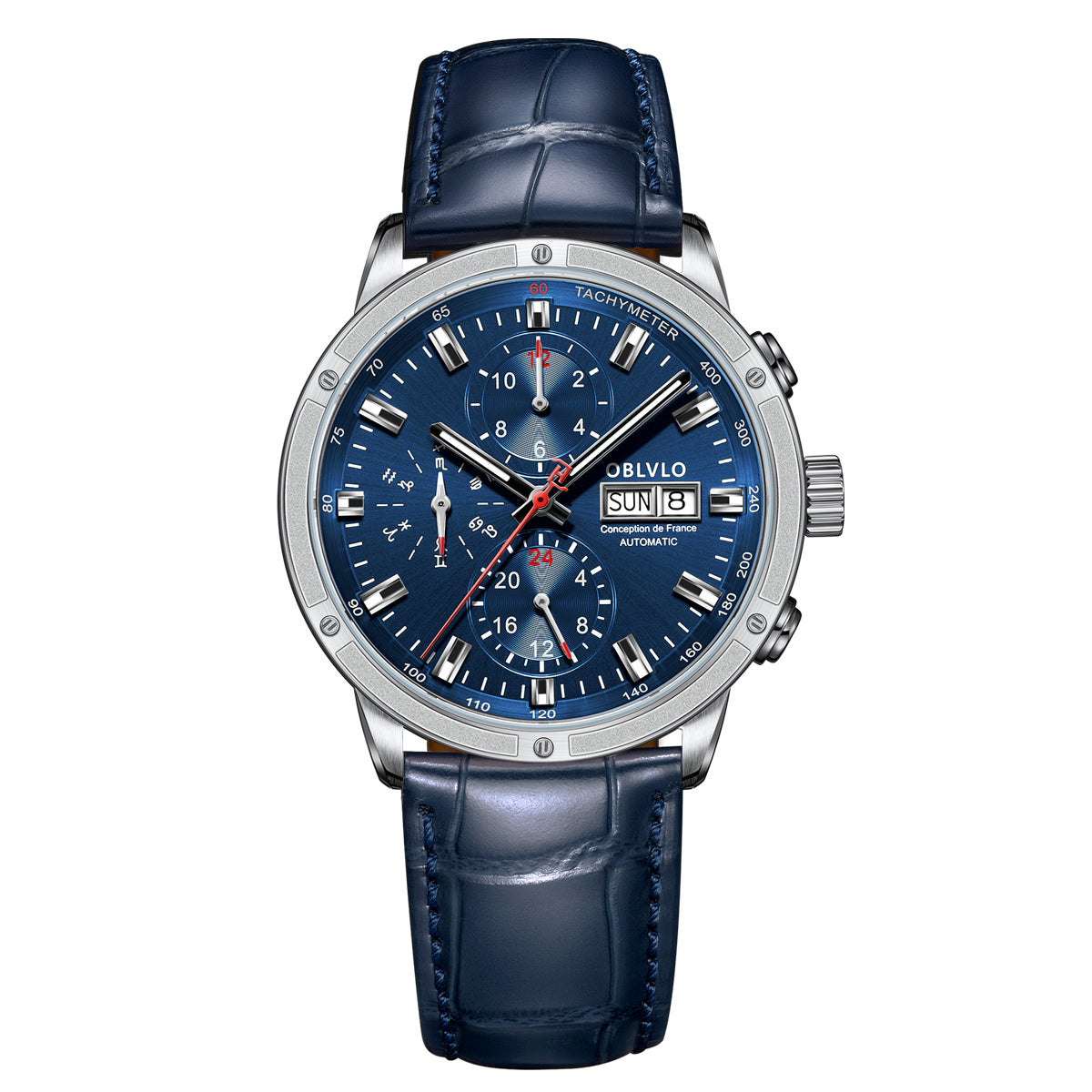 OBLVLO Men Dress Automatic Watch Mechanical Sapphire Year Month Week Calendar 24-Hour Display 40mm Clock CM2