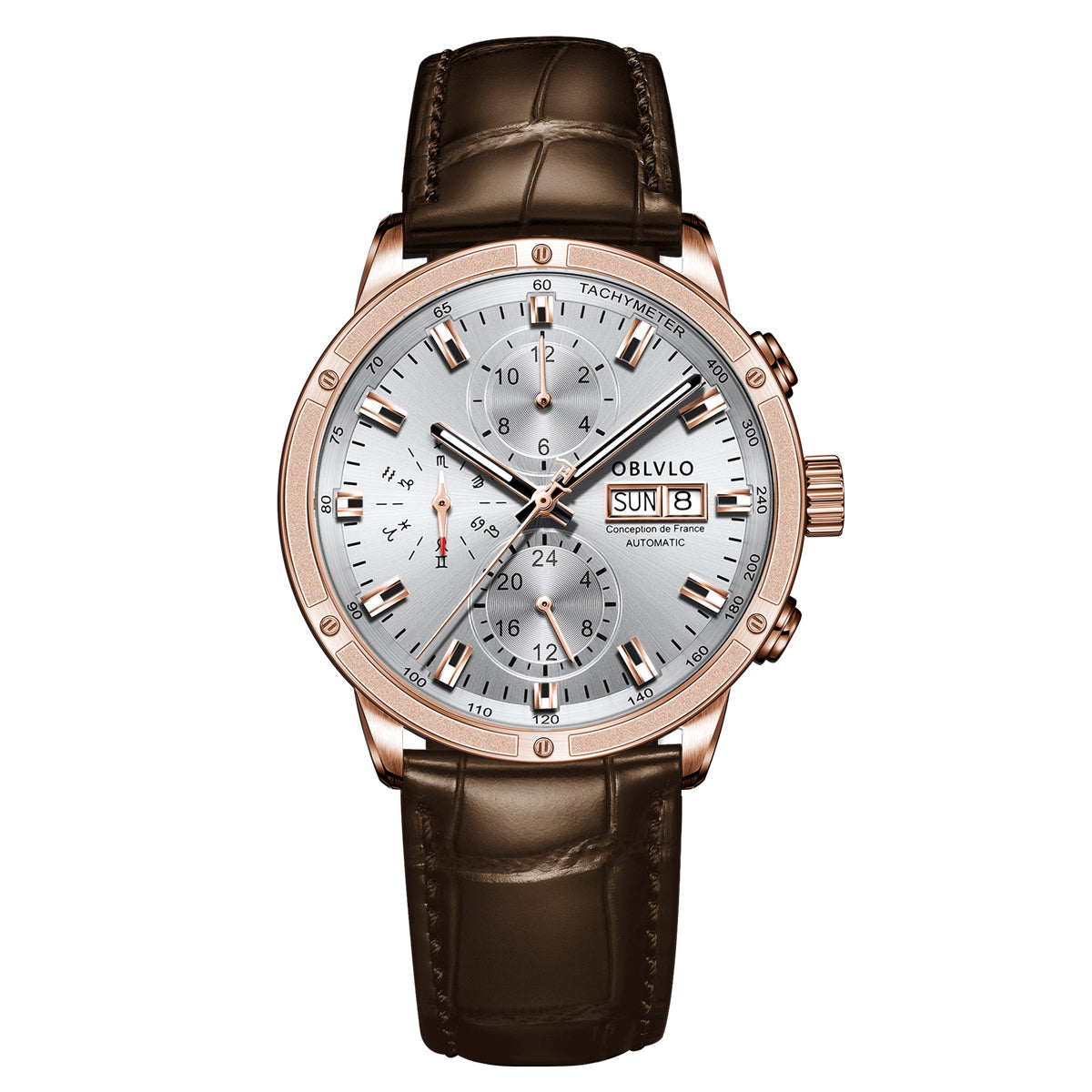 OBLVLO Men Dress Automatic Watch Mechanical Sapphire Year Month Week Calendar 24-Hour Display 40mm Clock CM2
