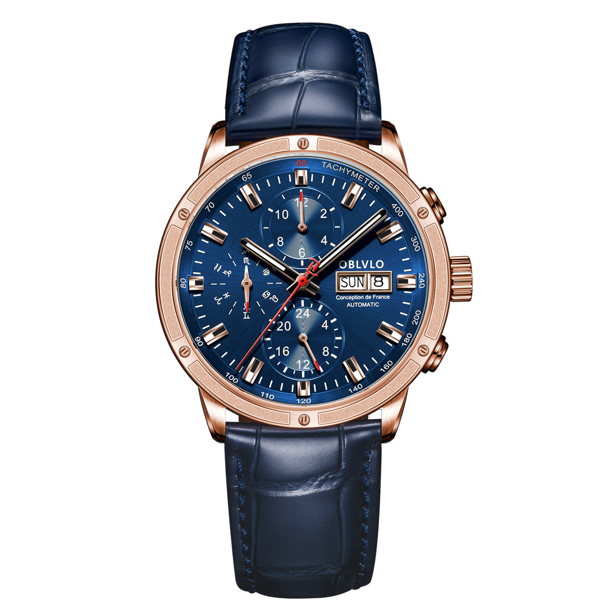 OBLVLO Men Dress Automatic Watch Mechanical Sapphire Year Month Week Calendar 24-Hour Display 40mm Clock CM2