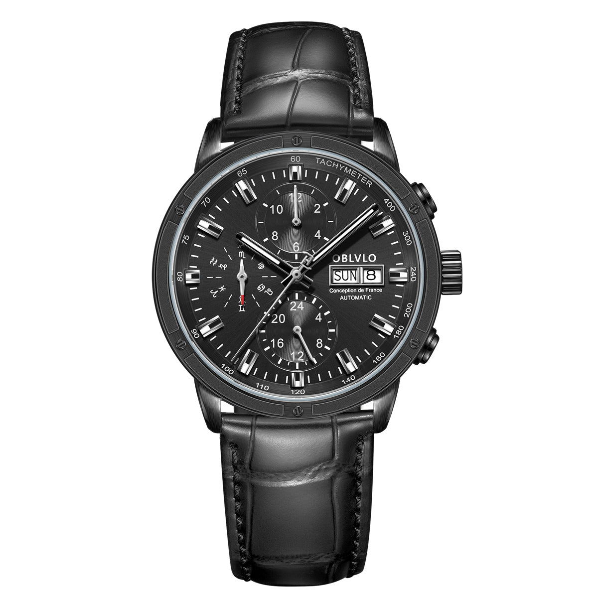 OBLVLO Men Dress Automatic Watch Mechanical Sapphire Year Month Week Calendar 24-Hour Display 40mm Clock CM2