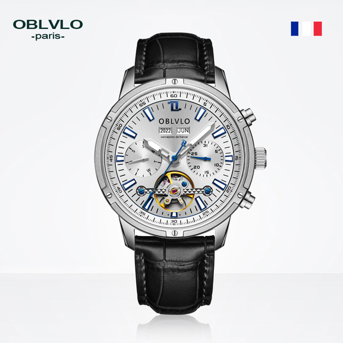 OBLVLO Men Business Automatic Watch Mechanical Tourbillon Luminous Leather Strap Sapphire Waterproof Calendar Week Year CM-T