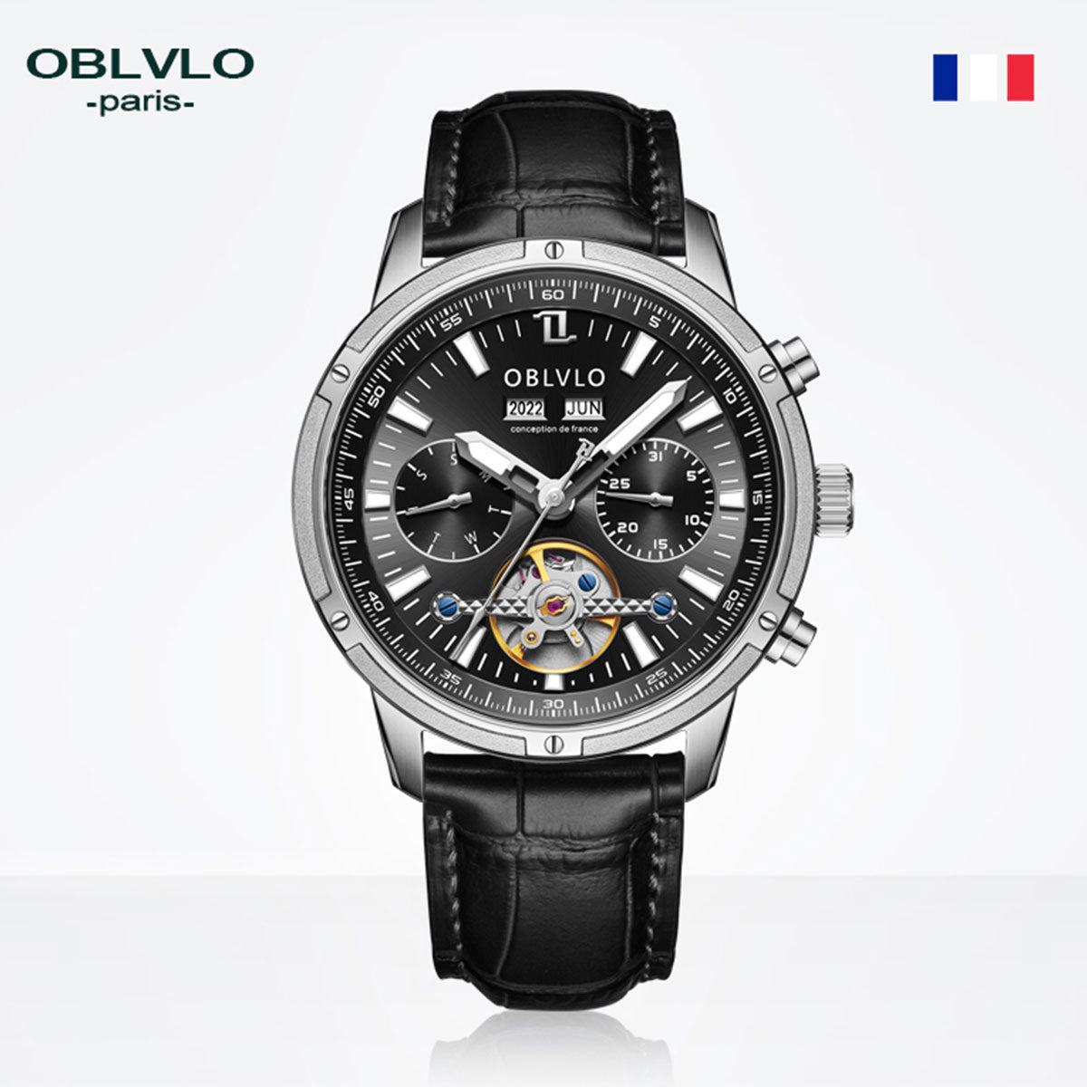 OBLVLO Men Business Automatic Watch Mechanical Tourbillon Luminous Leather Strap Sapphire Waterproof Calendar Week Year CM-T