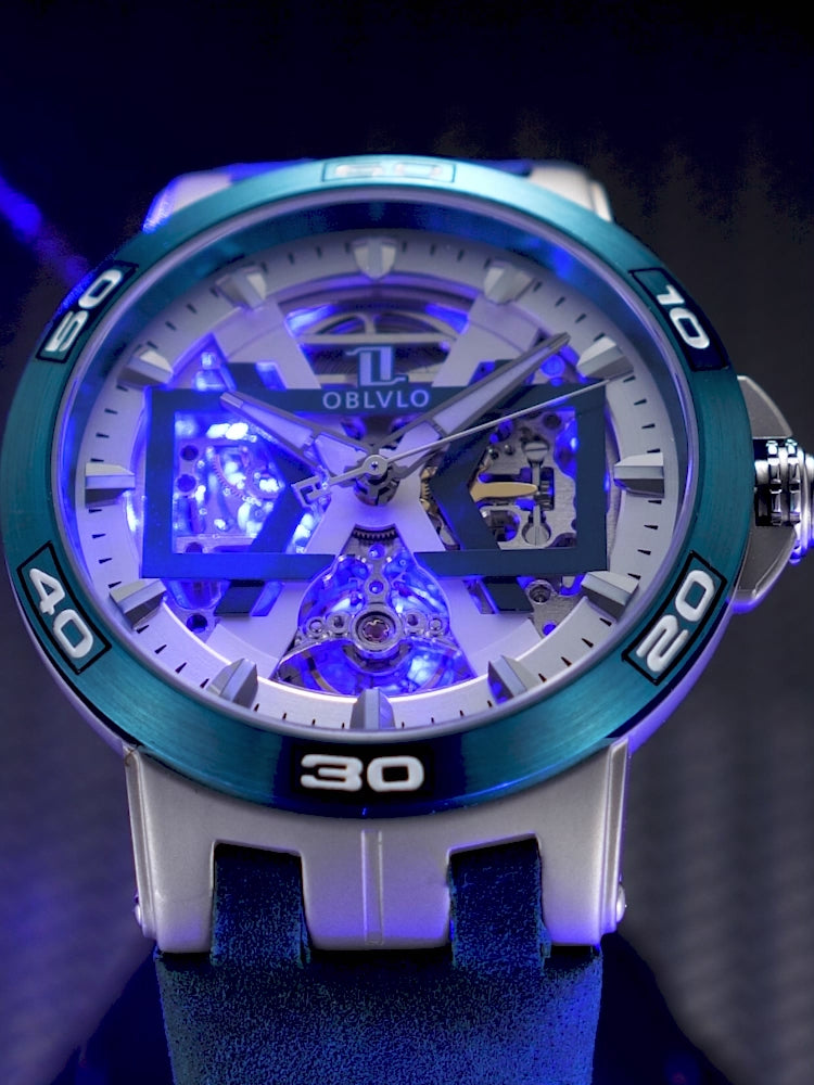 OBLVLO Sport Skeleton Luminous Military Automatic Mechanical Watch for Men Steel Case Leather Strap Sapphire Waterproof UM