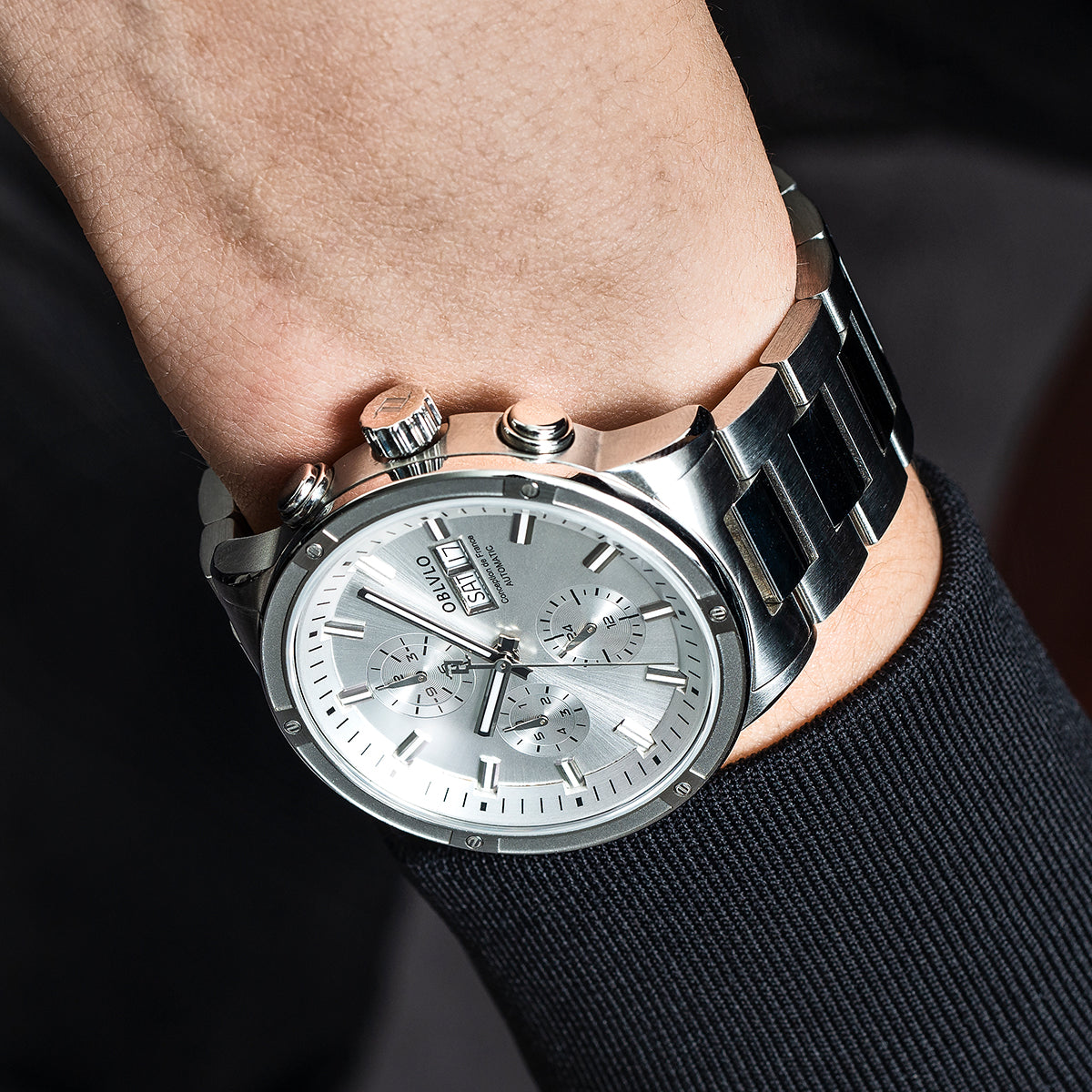 OBLVLO Men Dress Automatic Mechanical Watch Stainless Steel Strap Sapphire Year Month Weekly Calendar 24Hour Luminous Clock CM