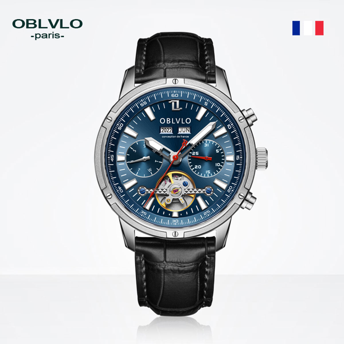 OBLVLO Men Business Automatic Watch Mechanical Tourbillon Luminous Leather Strap Sapphire Waterproof Calendar Week Year CM-T