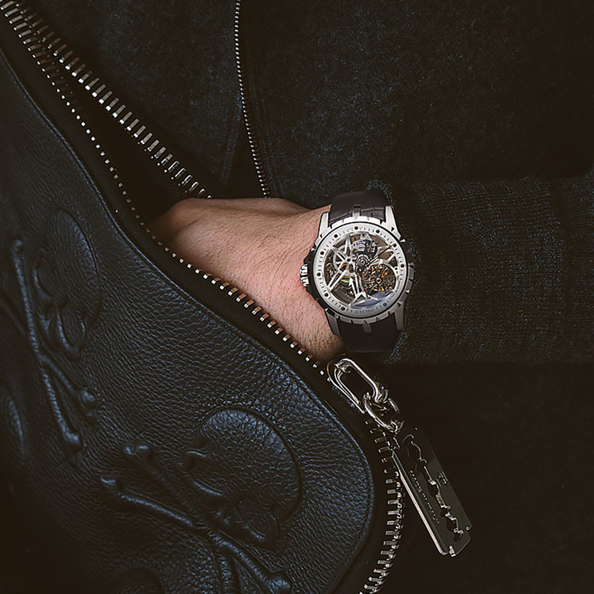 OBLVLO Luxury Sport Men Skeleton Automatical Watch Mechanical Calfskin Strap Sapphire Waterproof Clock RM-S