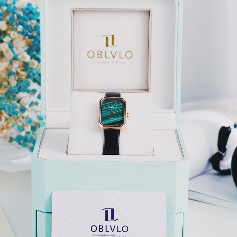 OBLVLO Women Quartz Watch Rose Gold Case Gift Leather Strap Malachite Dial Diamond Surface Sapphire Small Square Clock 23mm LW2