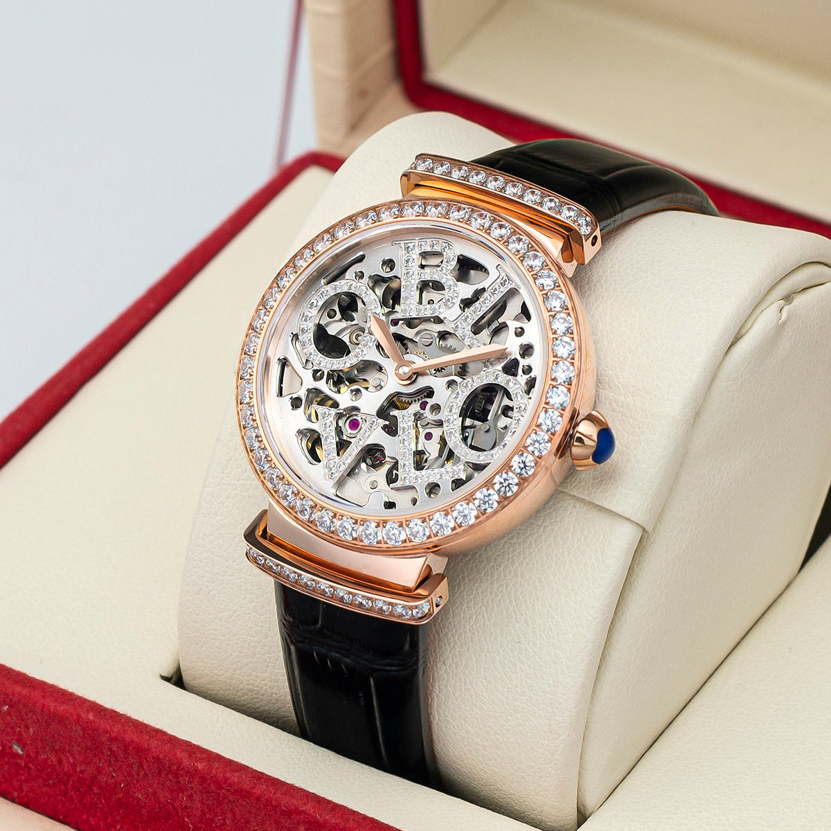 OBLVLO Women Skeleton Automatic Watch Mechanical Calf Leather Strap Sapphire Waterproof Dial 34mm BW