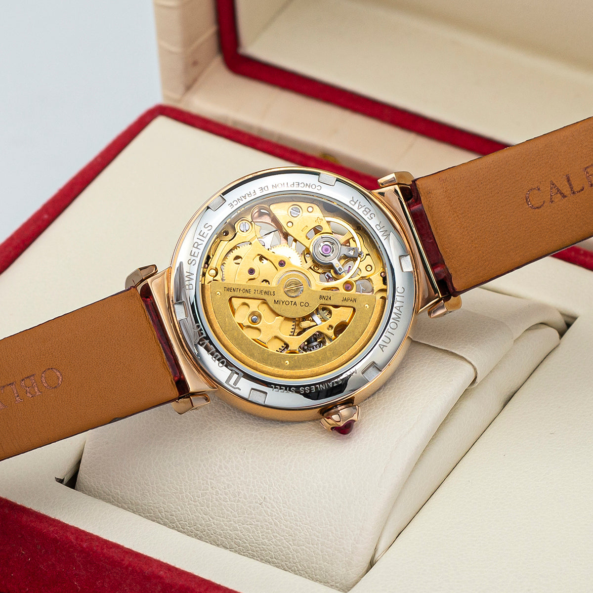 OBLVLO Women Skeleton Automatic Watch Mechanical Calf Leather Strap Sapphire Waterproof Dial 34mm BW