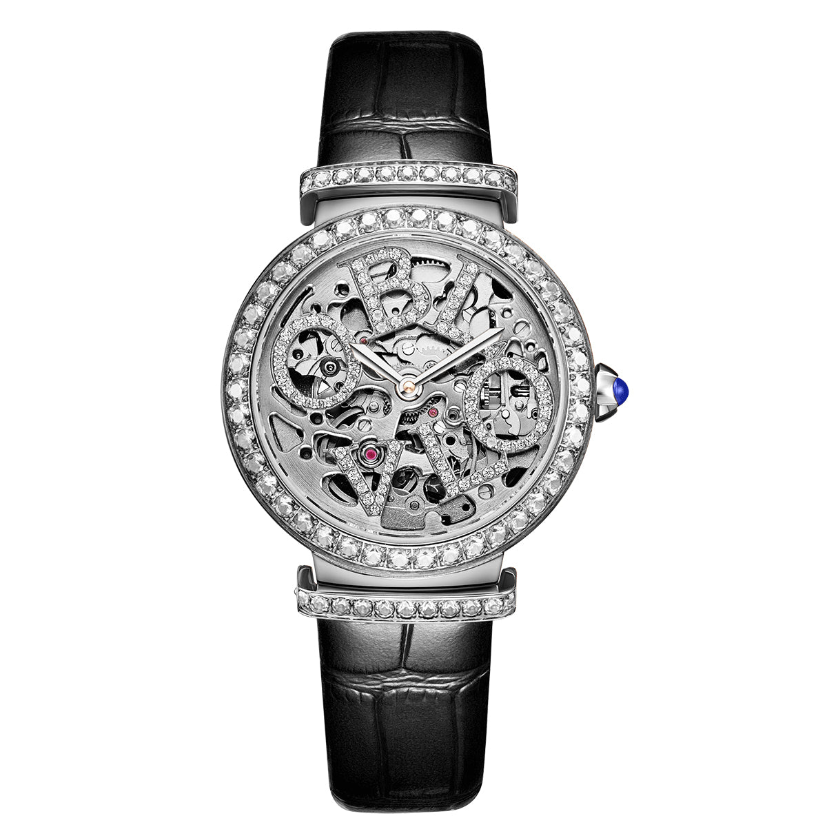 OBLVLO Women Skeleton Automatic Watch Mechanical Calf Leather Strap Sapphire Waterproof Dial 34mm BW
