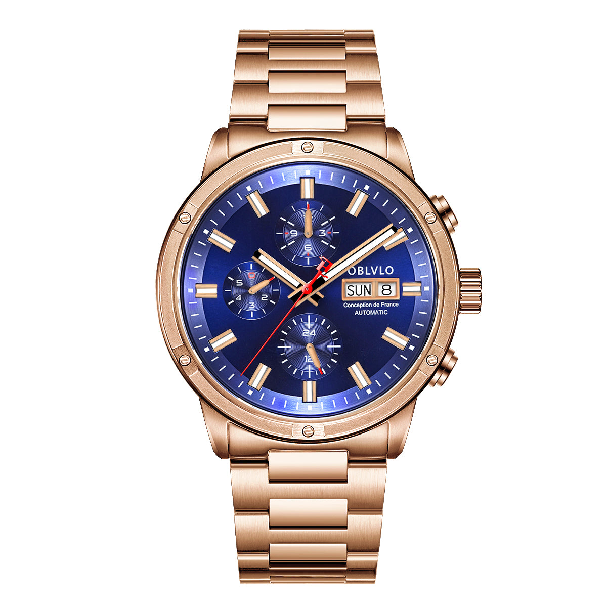OBLVLO Men Dress Automatic Mechanical Watch Stainless Steel Strap Sapphire Year Month Weekly Calendar 24Hour Luminous Clock CM
