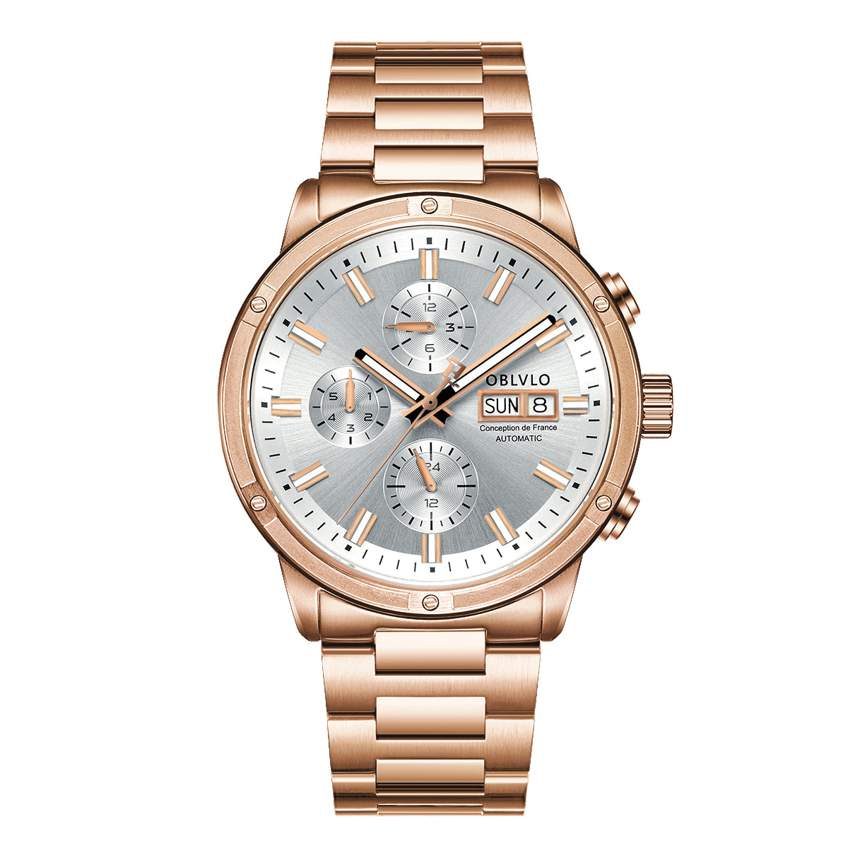 OBLVLO Men Dress Automatic Mechanical Watch Stainless Steel Strap Sapphire Year Month Weekly Calendar 24Hour Luminous Clock CM