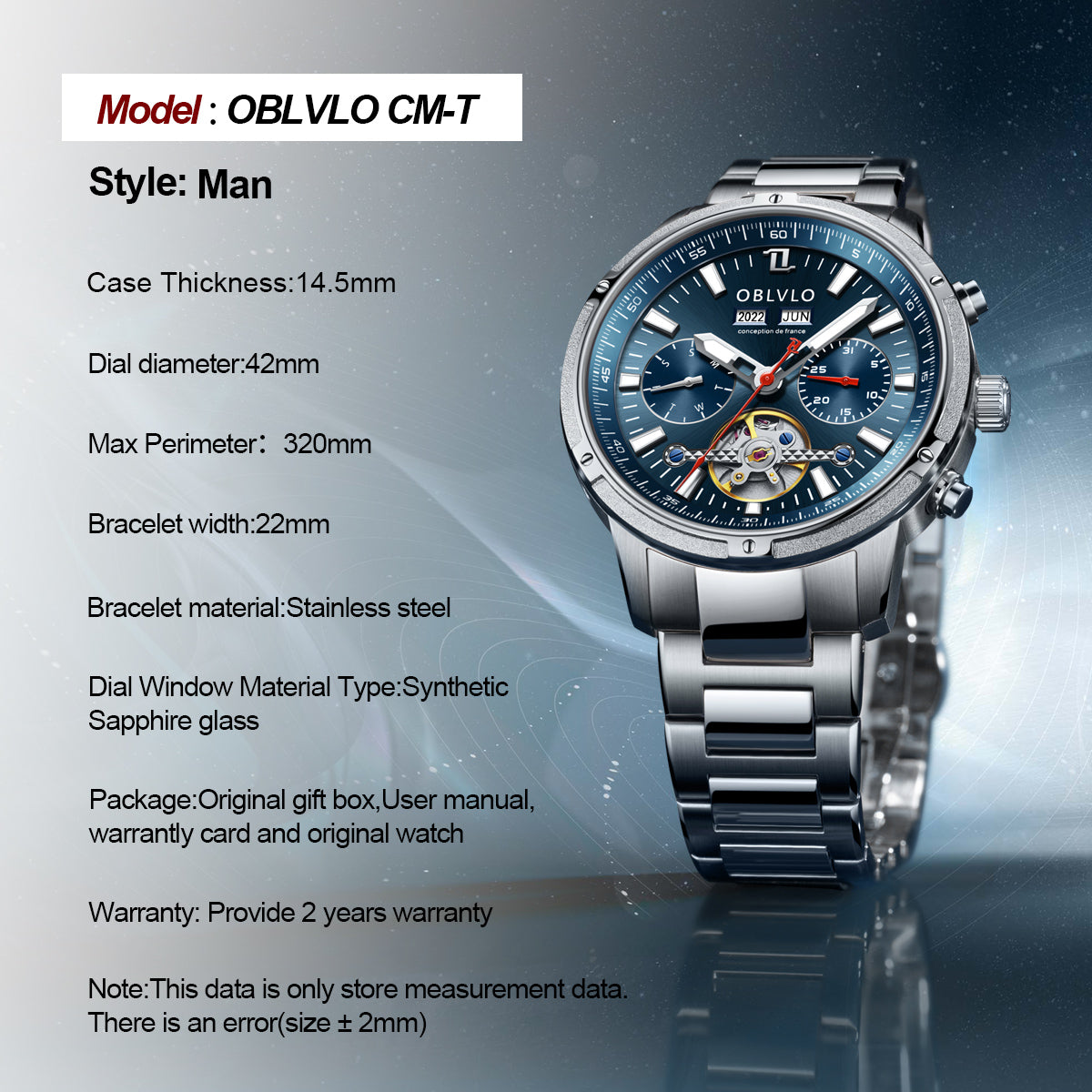 OBLVLO Men Business Automatic Watch Mechanical Tourbillon Luminous Leather Strap Sapphire Waterproof Calendar Week Year CM-T