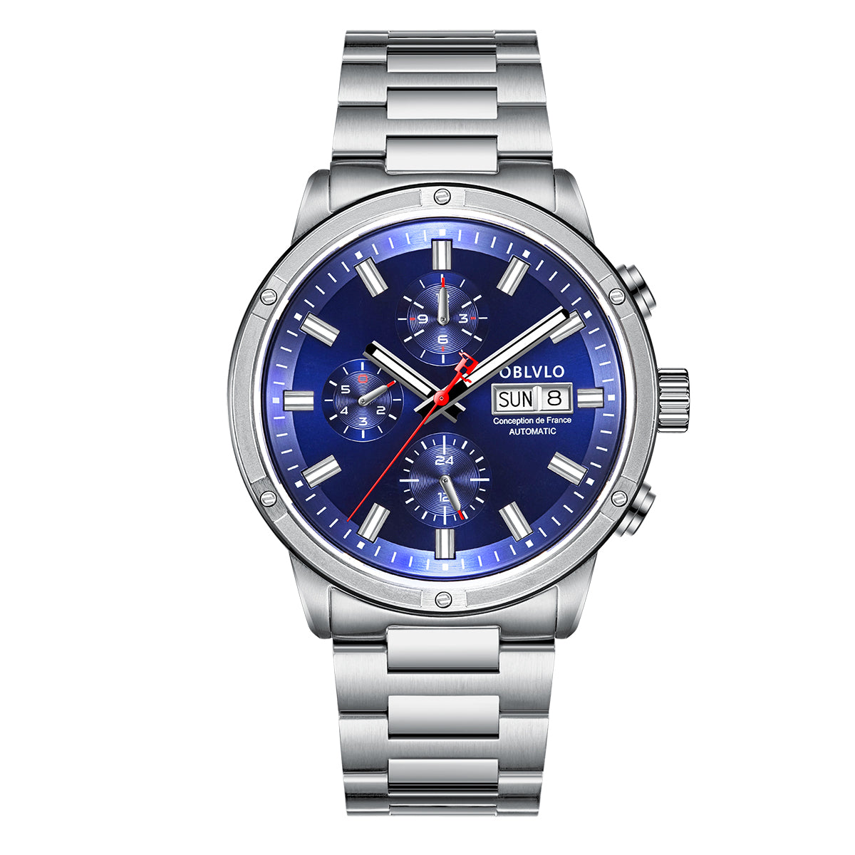 OBLVLO Men Dress Automatic Mechanical Watch Stainless Steel Strap Sapphire Year Month Weekly Calendar 24Hour Luminous Clock CM