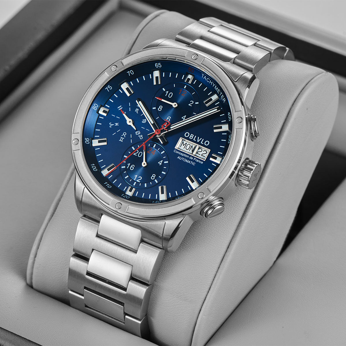 OBLVLO Brand Men Dress Automatic Watch Mechanical Stainless Steel Strap Sapphire Year Month Week Calendar 24-Hour Display CM2