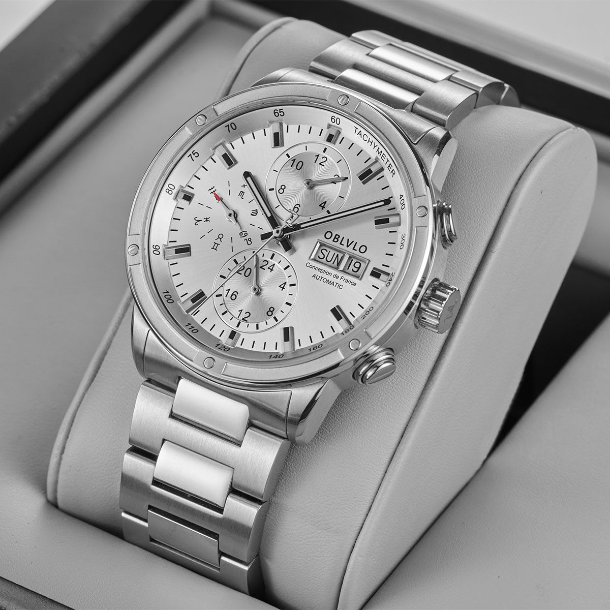 OBLVLO Brand Men Dress Automatic Watch Mechanical Stainless Steel Strap Sapphire Year Month Week Calendar 24-Hour Display CM2