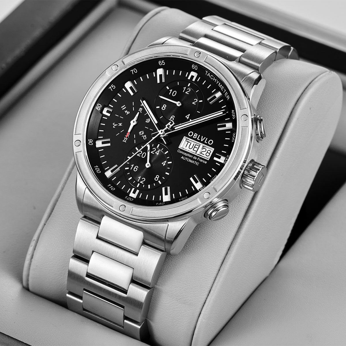 OBLVLO Brand Men Dress Automatic Watch Mechanical Stainless Steel Strap Sapphire Year Month Week Calendar 24-Hour Display CM2