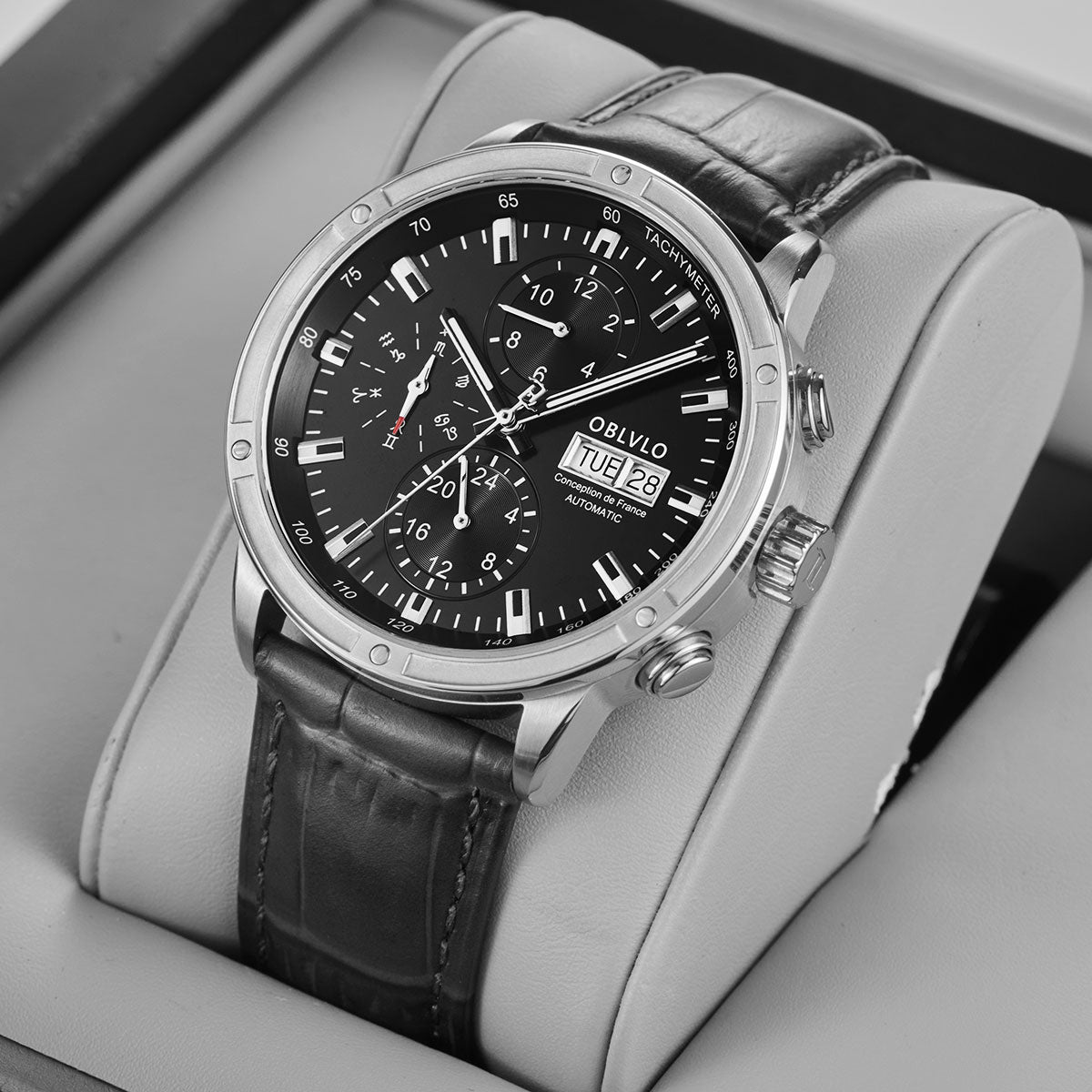 OBLVLO Men Dress Automatic Watch Mechanical Sapphire Year Month Week Calendar 24-Hour Display 40mm Clock CM2