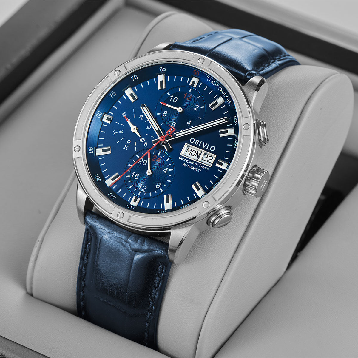 OBLVLO Men Dress Automatic Watch Mechanical Sapphire Year Month Week Calendar 24-Hour Display 40mm Clock CM2