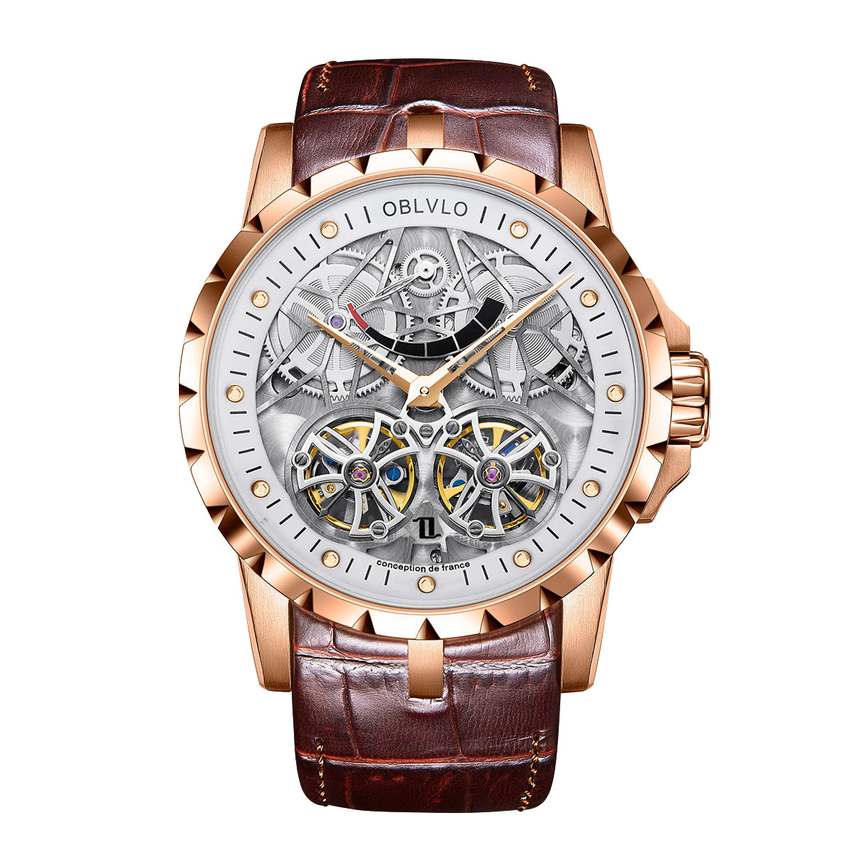 OBLVLO Luxury Transparent Hollow Men Skeleton Automatic Watches Sport Mechanical Double Flywheel Calfskin Leather Sapphire RM-E