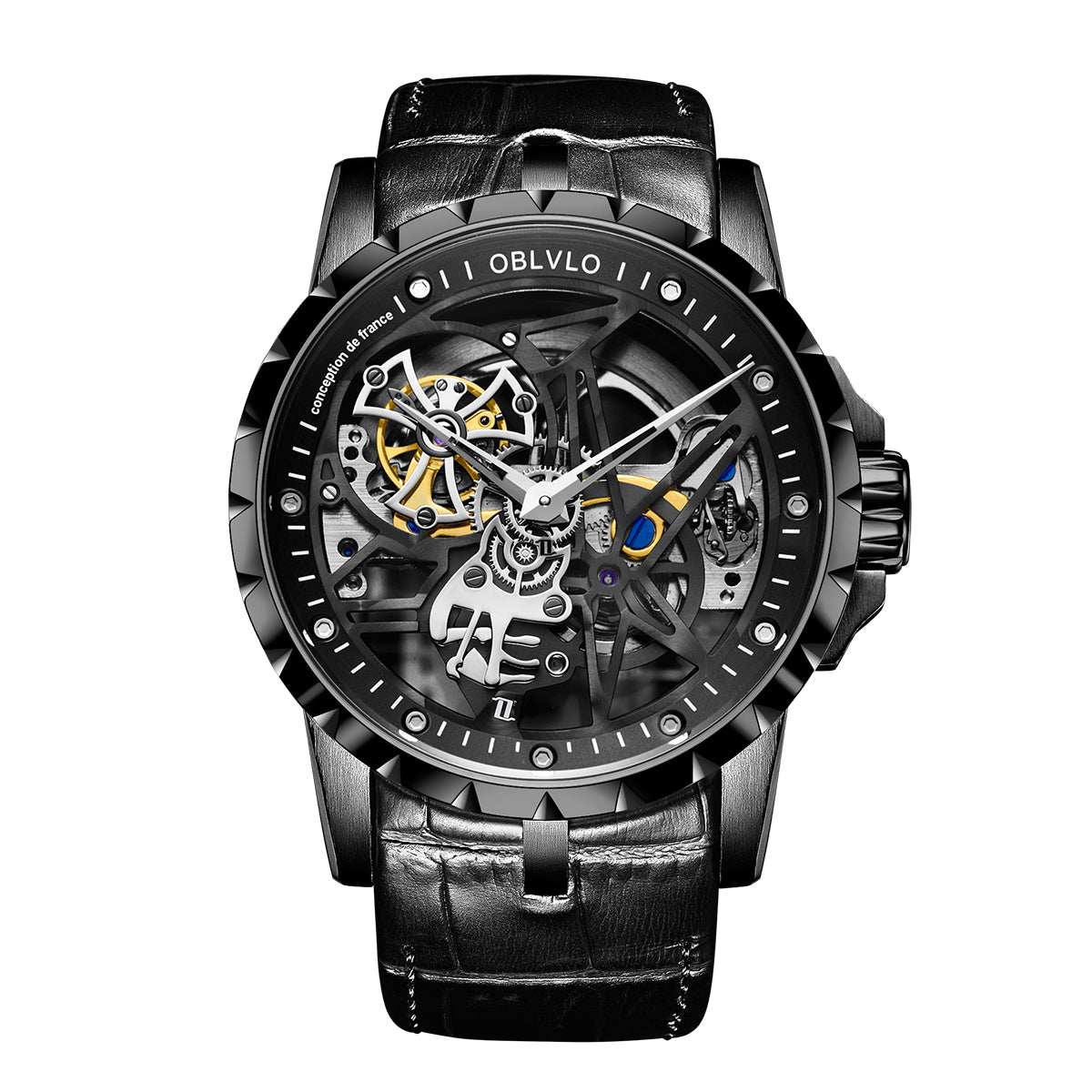 OBLVLO Luxury Sport Men Skeleton Automatical Watch Mechanical Calfskin Strap Sapphire Waterproof Clock RM-S