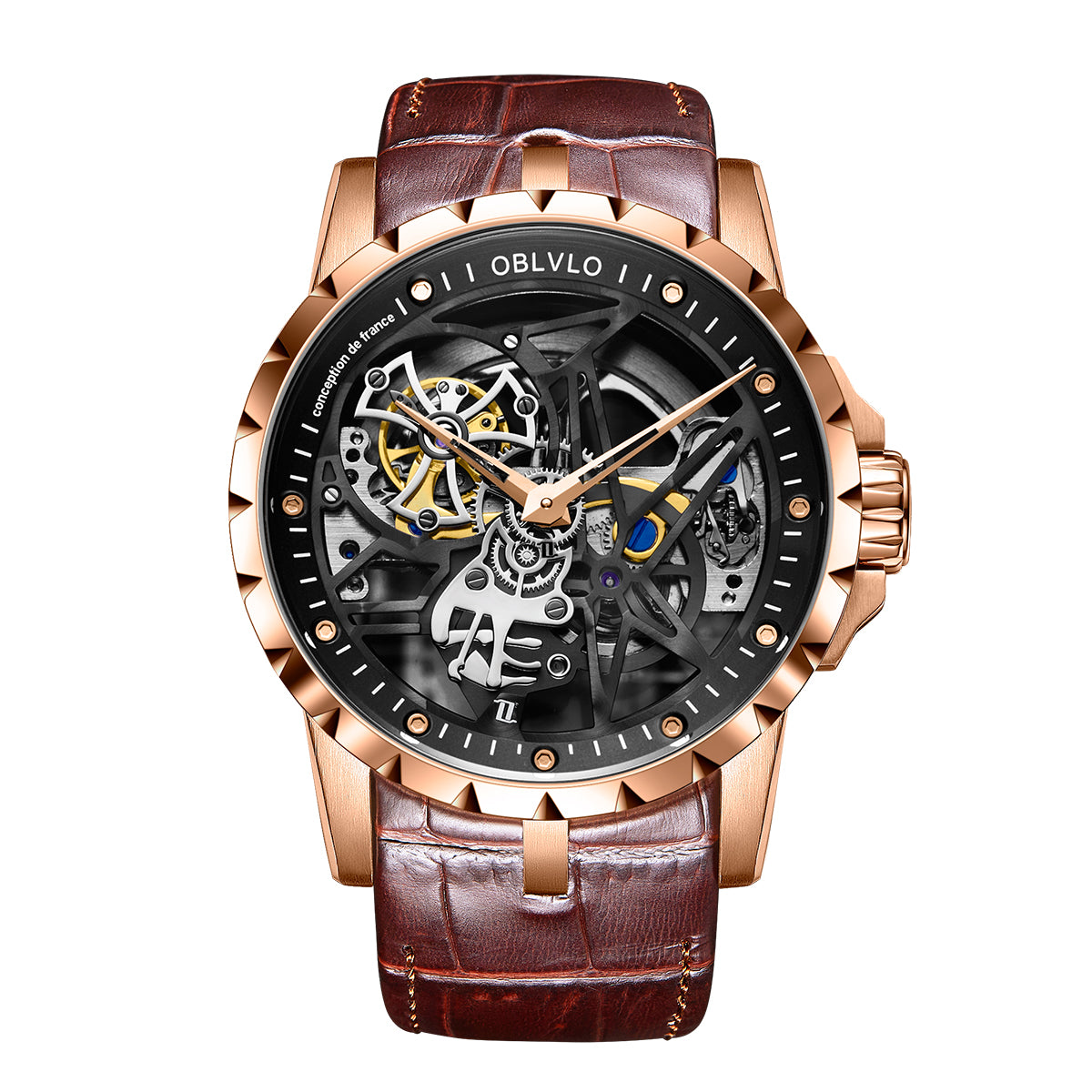 OBLVLO Luxury Sport Men Skeleton Automatical Watch Mechanical Calfskin Strap Sapphire Waterproof Clock RM-S