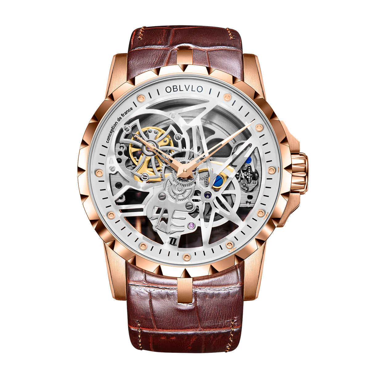 OBLVLO Luxury Sport Men Skeleton Automatical Watch Mechanical Calfskin Strap Sapphire Waterproof Clock RM-S