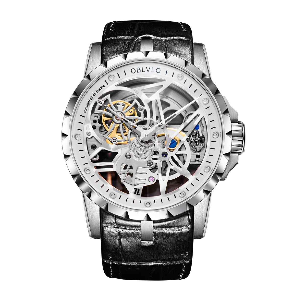 OBLVLO Luxury Sport Men Skeleton Automatical Watch Mechanical Calfskin Strap Sapphire Waterproof Clock RM-S