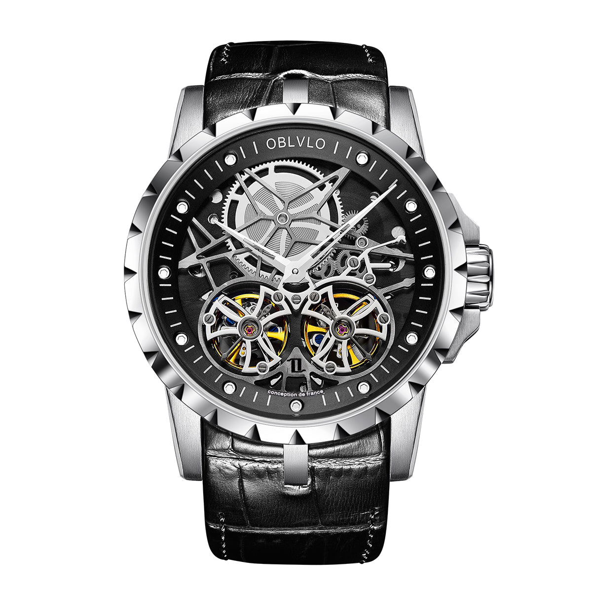 OBLVLO Men Military Skeleton Automatic Watch Mechanical Soft Calfskin Strap Sapphire Waterproof Double Flywheel Dial Clock RM-T