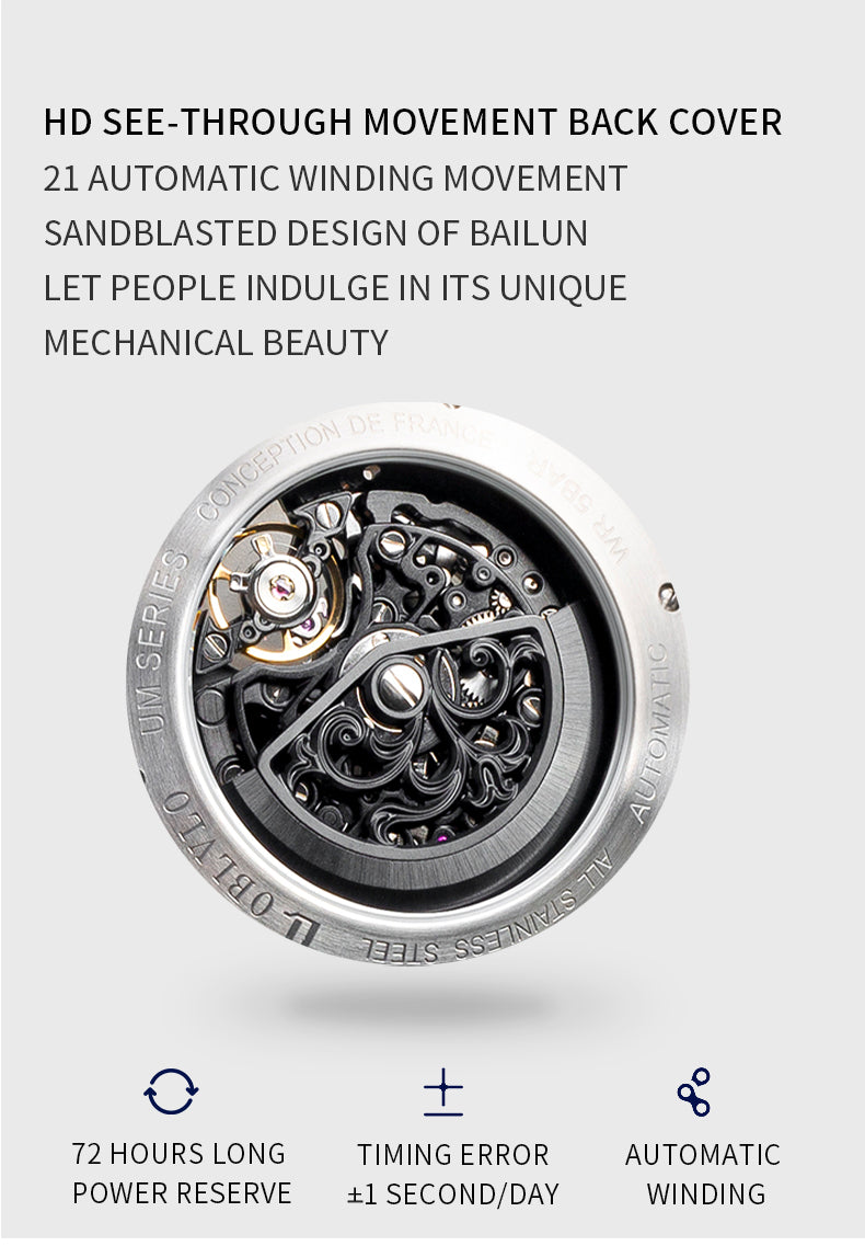 OBLVLO Sport Skeleton Luminous Military Automatic Mechanical Watch for Men Steel Case Leather Strap Sapphire Waterproof UM