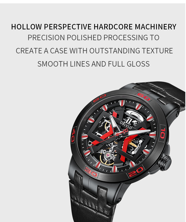 OBLVLO Sport Skeleton Luminous Military Automatic Mechanical Watch for Men Steel Case Leather Strap Sapphire Waterproof UM