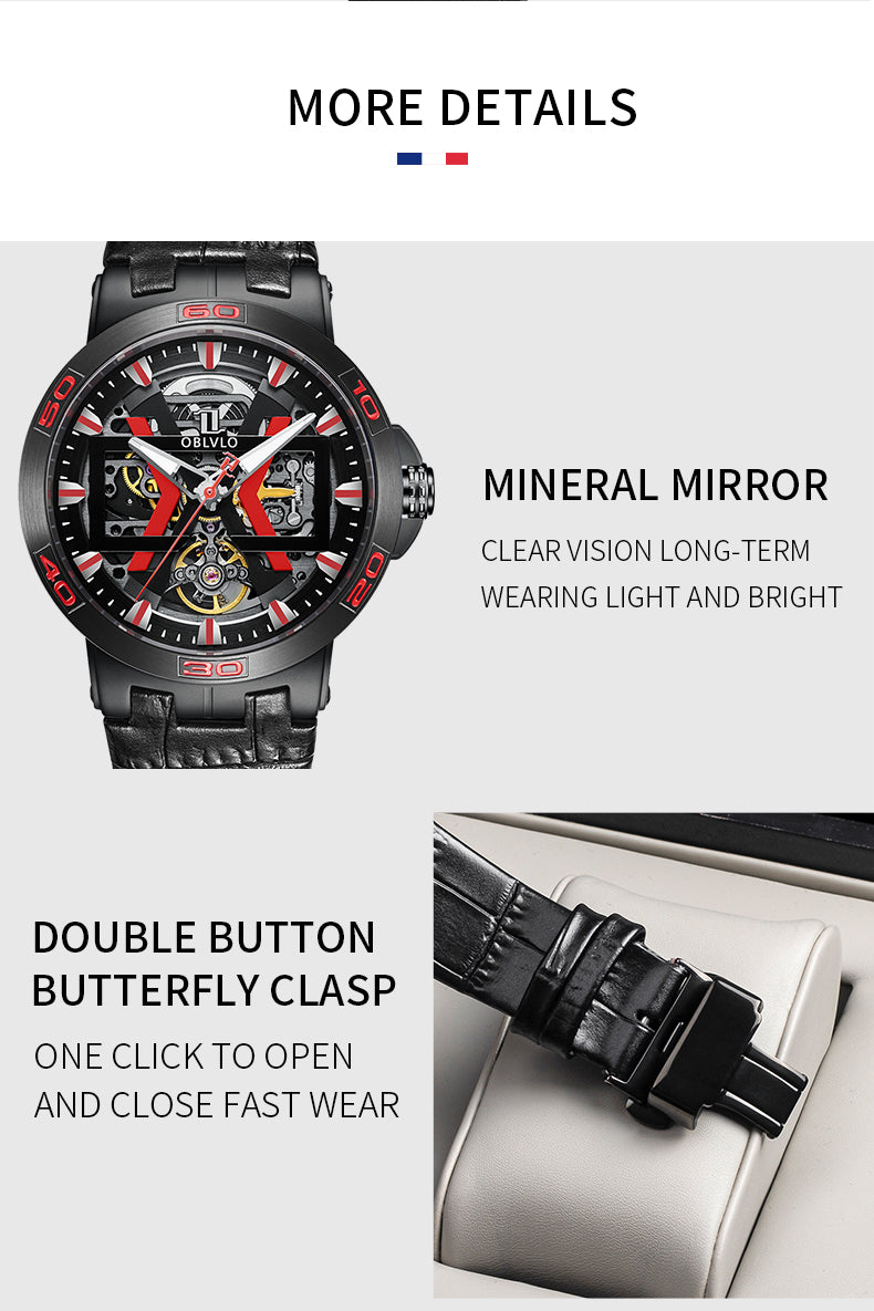 OBLVLO Sport Skeleton Luminous Military Automatic Mechanical Watch for Men Steel Case Leather Strap Sapphire Waterproof UM