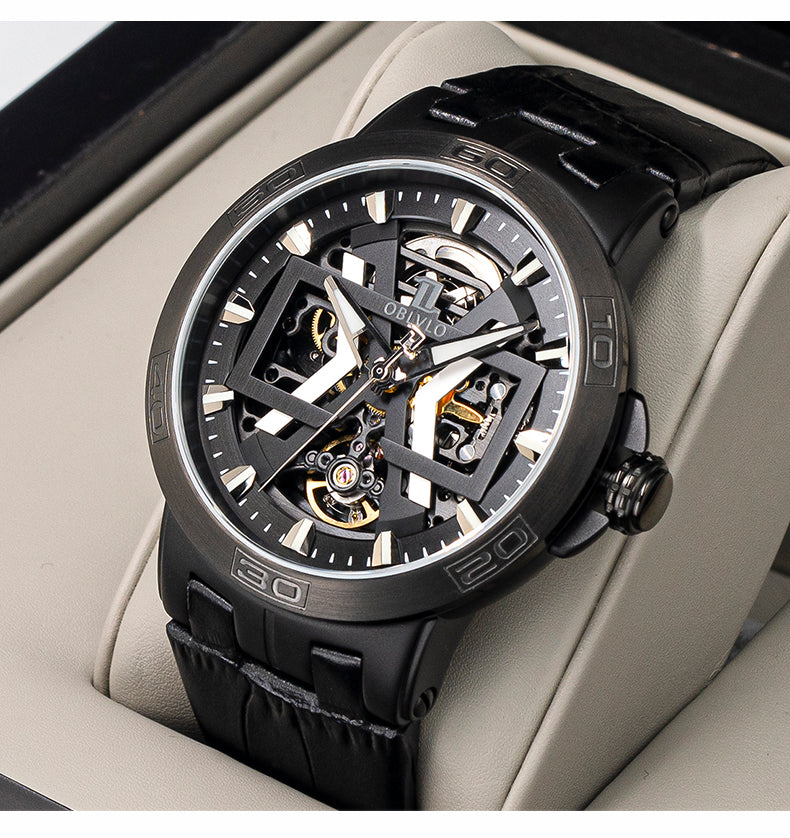 OBLVLO Sport Skeleton Luminous Military Automatic Mechanical Watch for Men Steel Case Leather Strap Sapphire Waterproof UM