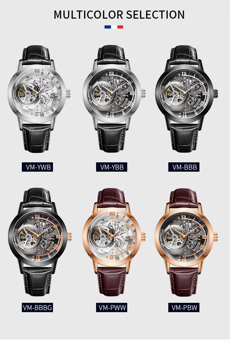 OBLVLO Luxury Retro Casual Men Skeleton Automatic Watches Mechanical Calfskin Strap Mineral Crystal Glass Waterproof Dial 45 VM