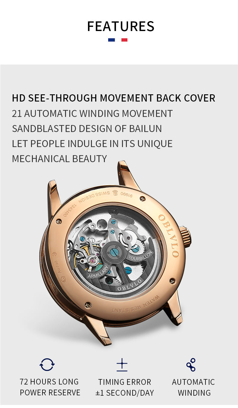 OBLVLO Luxury Retro Casual Men Skeleton Automatic Watches Mechanical Calfskin Strap Mineral Crystal Glass Waterproof Dial 45 VM