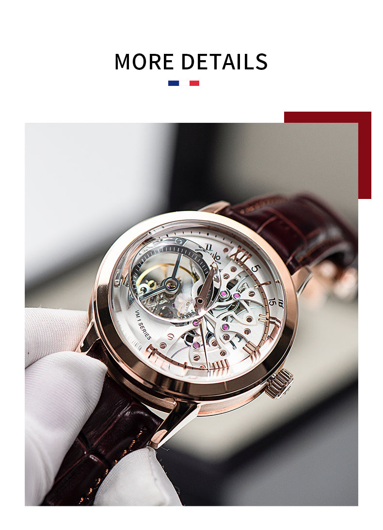 OBLVLO Luxury Retro Casual Men Skeleton Automatic Watches Mechanical Calfskin Strap Mineral Crystal Glass Waterproof Dial 45 VM
