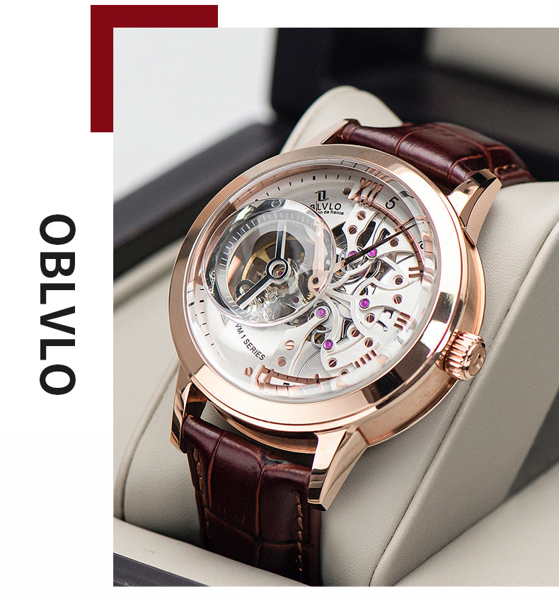 OBLVLO Luxury Retro Casual Men Skeleton Automatic Watches Mechanical Calfskin Strap Mineral Crystal Glass Waterproof Dial 45 VM