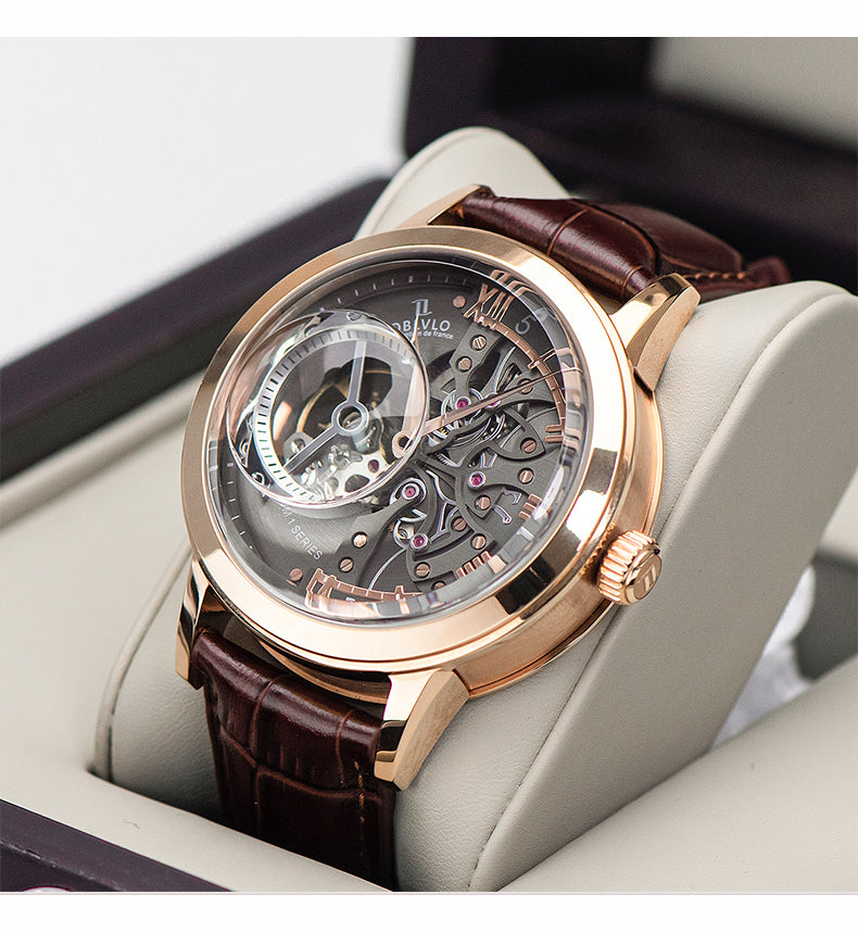 OBLVLO Luxury Retro Casual Men Skeleton Automatic Watches Mechanical Calfskin Strap Mineral Crystal Glass Waterproof Dial 45 VM