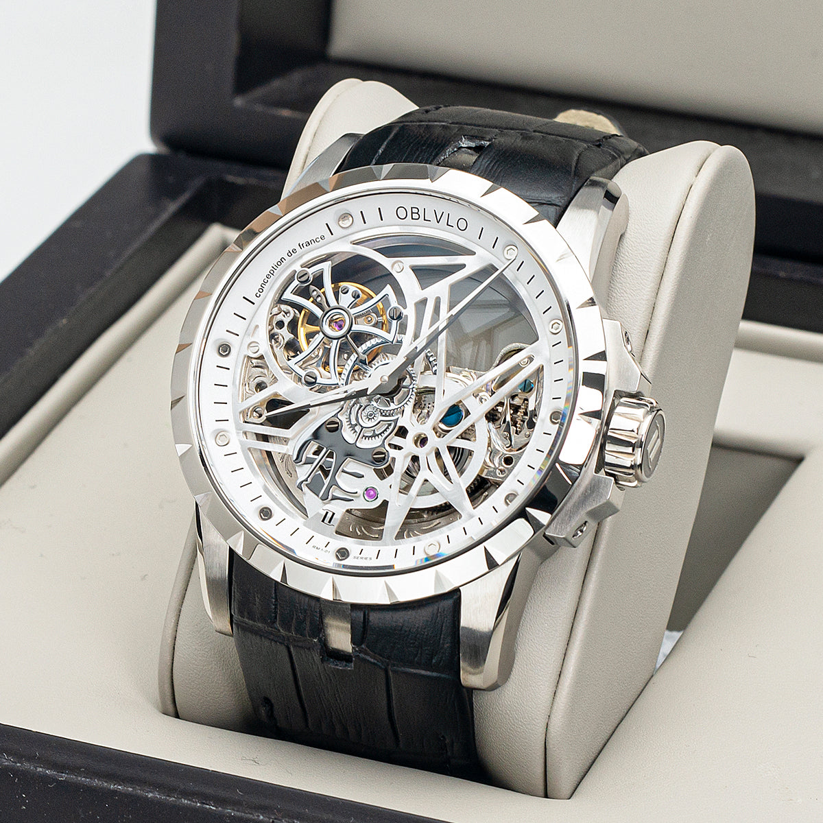 OBLVLO Luxury Sport Men Skeleton Automatical Watch Mechanical Calfskin Strap Sapphire Waterproof Clock RM-S